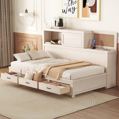Twin/Full Size Wooden Daybed with 3 Storage Drawers, Upper Soft Board, Shelf, and a Set of Sockets and USB Ports - ModernLuxe