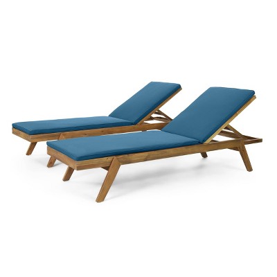 Caily 2pk Outdoor Acacia Wood Chaise Lounges with Cushions - Teak/Blue - Christopher Knight Home