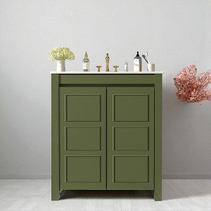 30 Inch Farmhouse Bathroom Vanity with Ceramic Sink, Olive Green Wood Cabinet with Adjustable Shelf,freestanding vanity - 1 of 4