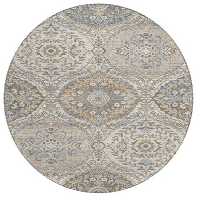 HomeRoots 8' Beige Gold And Denim Blue Round Floral Washable Indoor Outdoor Area Rug
