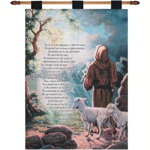 Manual Woodworkers and Weavers The Lord Is My Shepherd Wall Hanging with Finial Rod, 26x36 Inches, Woven Cotton Psalm 23 Tapestry - 1 of 3