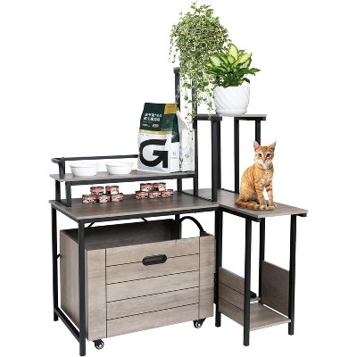 Hidden Cat Litter Box Furniture with Flower Stand and Pull-Out Tray, L-Shaped Cabinet, Brown/Gray