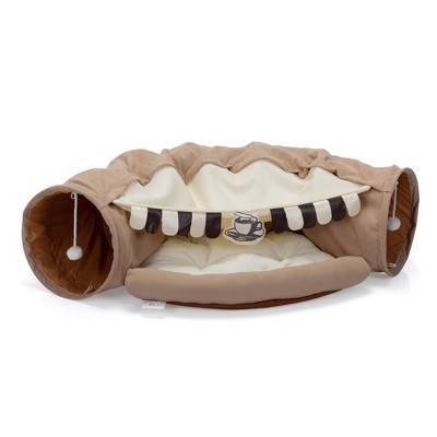 Chery Life Collapsible Cat Tunnel Bed for Indoor Cats, Washable Cat Hide Tunnel with Hanging Toys and Cushion Mat, Coffee