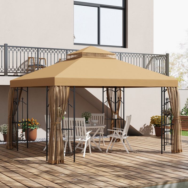 Outsunny 141.7" x 118.1" Steel Outdoor Patio Gazebo Canopy with Removable Mesh Curtains, Display Shelves, & Steel Frame, Brown, 2 of 7