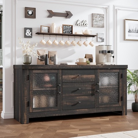 Garvee 54.4" Kitchen Buffet Sideboard Cabinet, Coffee Bar Table with 2 Glass Doors & 3 Drawers, Storage TV Stand, for Living Room, Dining Room,Dark Oak