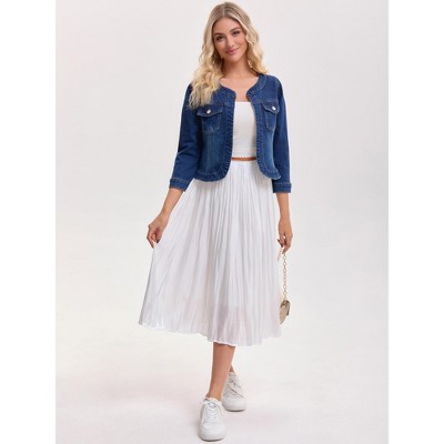 Женские куртки INSPIRE CHIC Women's Denim Collarless 2026 Causal 3/4 Sleeve Pockets Jean Jackets X-Large Blue — фото 3