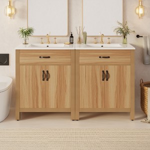 GDFStudio Quill 60'' Modern Wooden Bathroom Vanity with Ceramic Sinks, 4 Doors and  Adjustable Shelves - 1 of 4