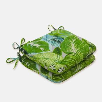 2pk Lush Leaf Jungle Rounded Corners Outdoor Seat Cushions Green - Pillow Perfect