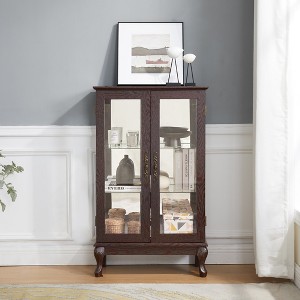 SpassWay 44"H Cherry Lighted Curio Cabinet with 2 Tempered Glass Doors Mirrored Back Panel Adjustable Shelves Display for Home Office Bulb Included - 1 of 4