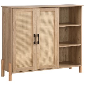 Vynxaria Mid-Century Modern Storage Cabinet with Woven Rattan Doors, Open Shelves & Adjustable Shelves for Living Room,Dining Room - 1 of 4