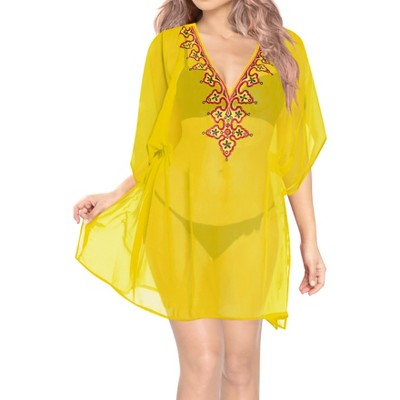 LA LEELA women's Vacation Casual Swim Holiday Beachwear Summer Beach Dress Loose Swimming Bathing Suit Cover Ups 2X-3X Yellow, Solid
