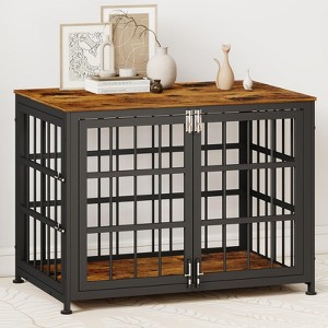 XBRIGH 26in Dog Crate with Lock & Double Door, Wooden Kennel End Table for Small/Medium Dogs, Aged Black - 1 of 4