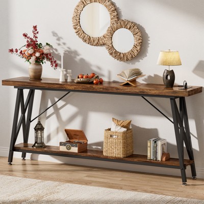 Aheaplus 71'' Console Table with Charging Station, Industrial Metal Frame Sofa Table with Storage Shelf
