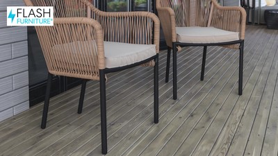 Natural Woven Patio Club Chairs with Beige Cushions, Set of 2
