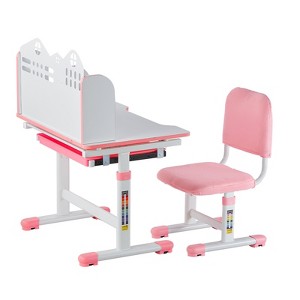 VEVOR Kids Study Chair and Desk Set, Study Desk and Chair for Kids with Bookshelf and Storage Drawer, Adjustable Height Kids Study Desk, Pink - 1 of 4