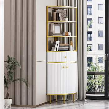 74.8" Tall Corner Bookshelf,Wooden Corner Shelves with Drawer and Open Shelves,Display Shelf Plant Stand,Open Bookcase for Living Room Bedroom Office