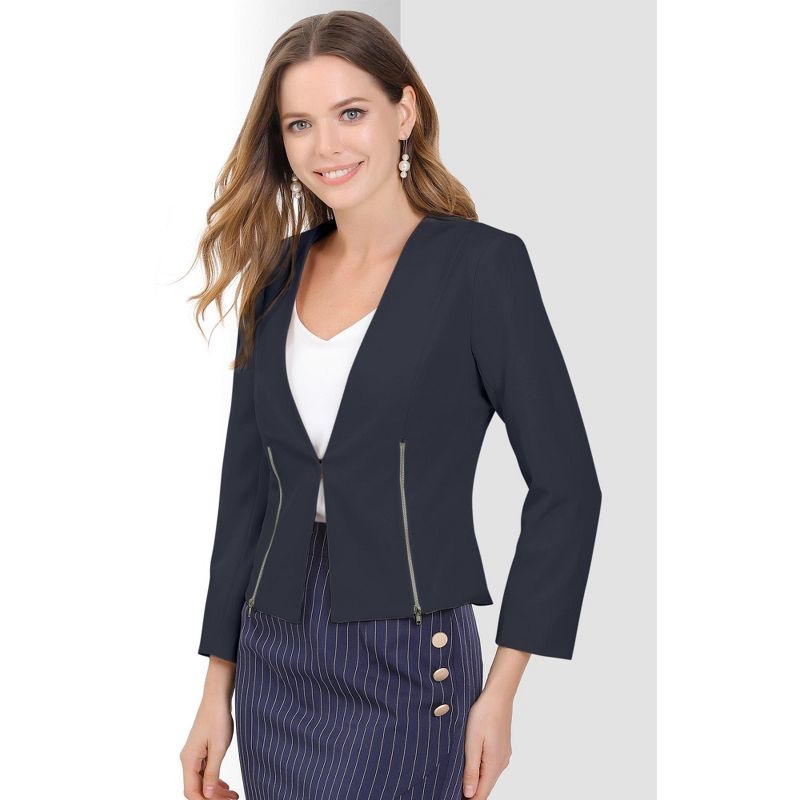 Allegra K Women's Work Office Zipper Decor Collarless Cropped Blazer, 3 of 7