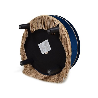 Navy Blue Velvet Tufted Round Ottoman with Fringe
