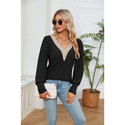 Women's Pullover Ribbed Knit Sweater Crochet V Neck Long Sleeve Sweatshirt