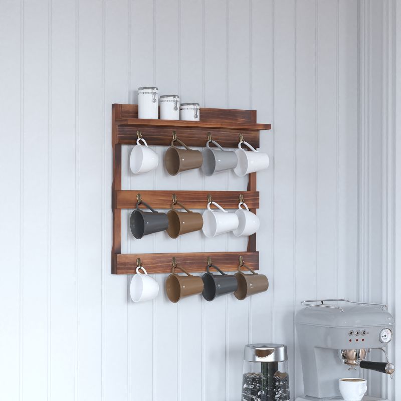 Merrick Lane Steeley Wooden Wall Mount Mug Rack Organizer with Upper Storage Shelf and Metal Hanging Hooks with No Assembly Required, 3 of 13