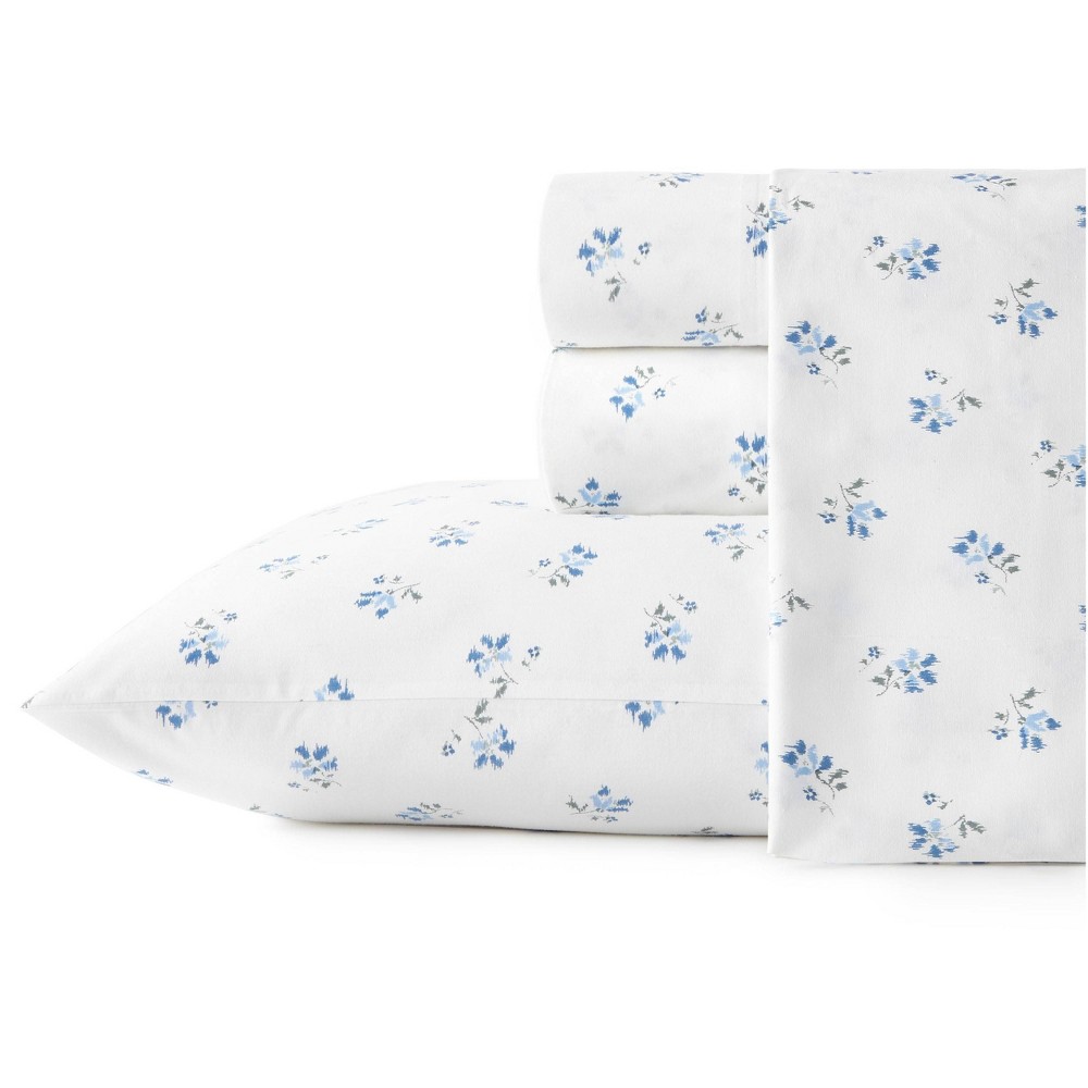 Photos - Bed Linen Queen Printed Pattern Percale Cotton Sheet Set Blue Floral - Stone Cottage