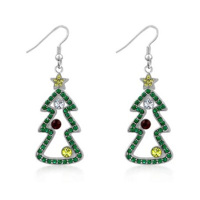ShineHigh Multicolor Cubic Zirconia Christmas Tree Earrings – Rhodium-Plated Holiday Dangle with Fish Hook Backing
