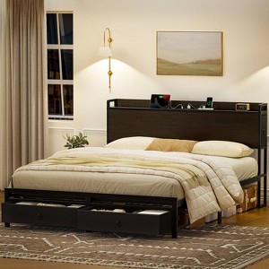 WOWLIVE Full Bed Frame with 2 Bedside Drawers & 2 Underbed Drawers, Storage Bed with Outlet & Open Shelf - 1 of 4