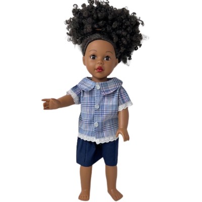 Doll Clothes Supertore Handmade Blue Plaid Lace-Trim Blouse & Cargo Shorts for 18 inch Girl Dolls
