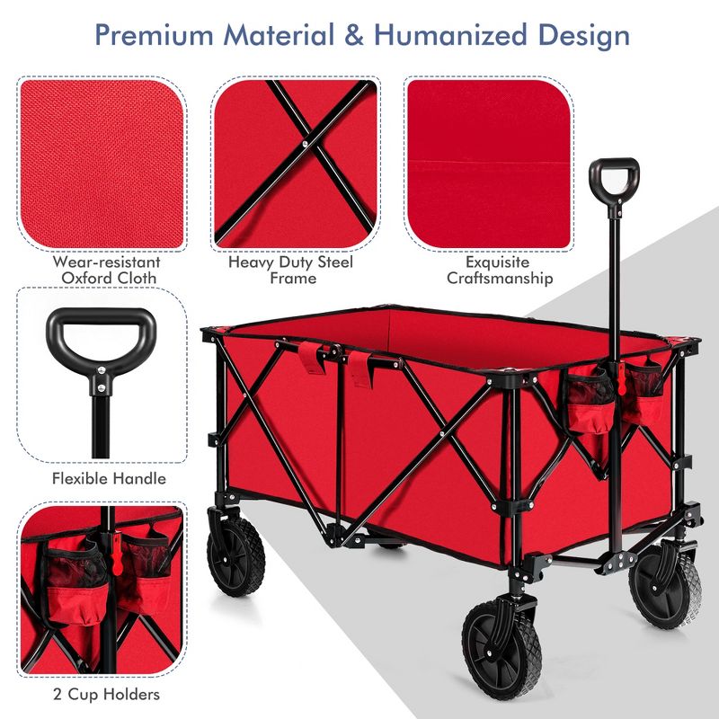 Costway Folding Collapsible Wagon Utility Camping Cart W/Wheels & Adjustable Handle Red\Grey\Navy, 5 of 11