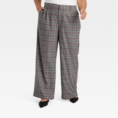 Women's High-Rise Wide Leg Trousers - Ava & Viv™ Gray Plaid 28