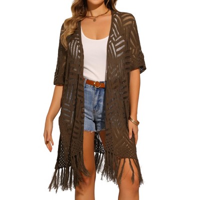 INSPIRE CHIC Women's Boho Open Front Short Sleeve Lightweight Fringe Beach Knit Cardigans