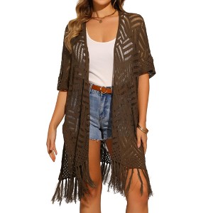 INSPIRE CHIC Women's Boho Open Front Short Sleeve Lightweight Fringe Beach Knit Cardigans - 1 of 4