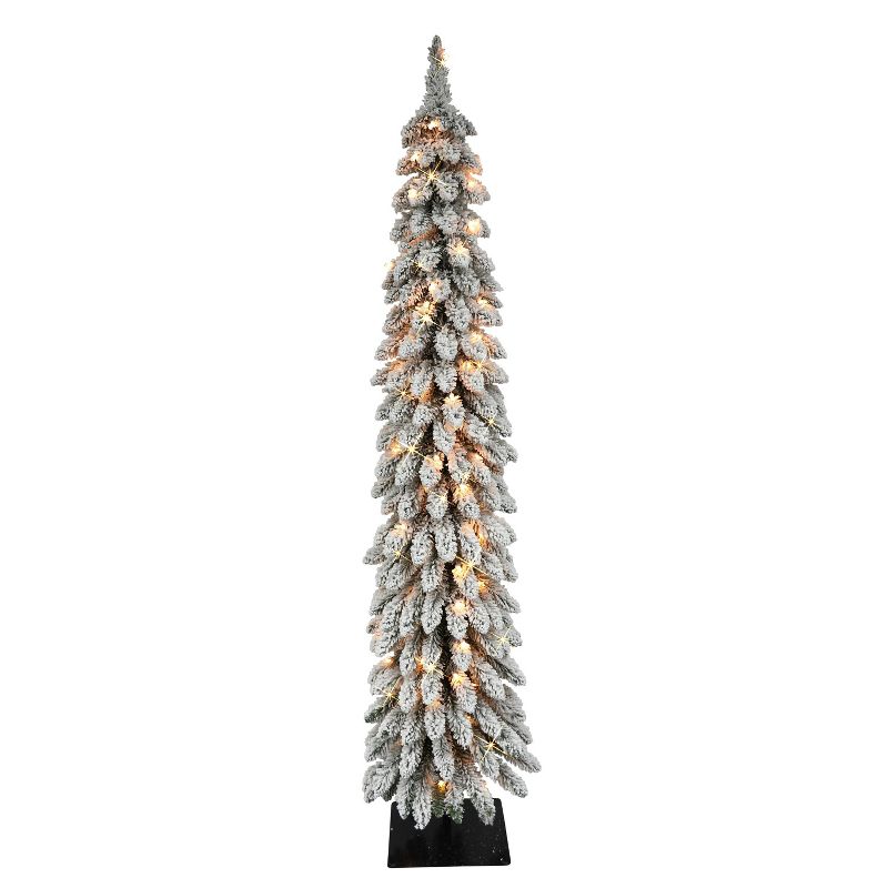 5ft Puleo Pre-Lit Flocked Slim Alpine Artificial Christmas Tree Clear Lights, 1 of 4