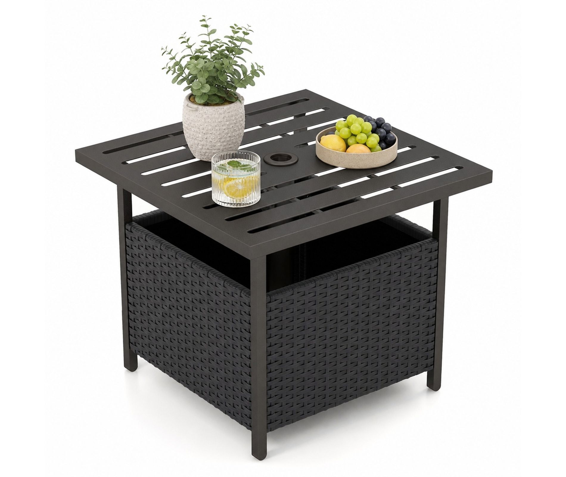 Outdoor Patio Coffee Table with Umbrella Hole, Storage Shelf and PE Rattan Steel Frame, Black