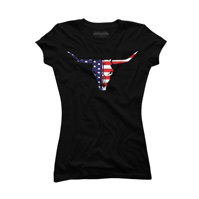 Junior's Design By Humans July 4th American Flag Bull Horns Skull By rasok T-Shirt