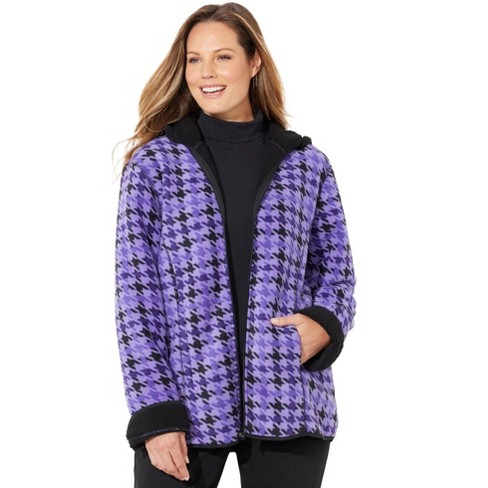 Catherines Women s Plus Size Printed Fleece Coat With High Pile Fleece Lining 4x Dark Violet Houndstooth Target