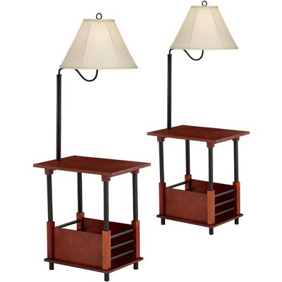 Regency Hill Farmhouse Mission Style Floor Lamps Set Of 2 With End Table Brown Wood Fabric Empire Shade For Living Room Bedroom Target