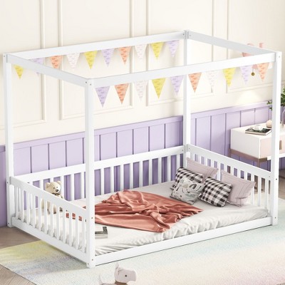NicBex Twin/Full Size Canopy Bed Frame,Floor Platform Bed with Fence and Guardrails,Montessori Floor Bed for Kids,Adults,Teens