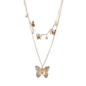 Slickblue Women's Necklace, Gold Double Chain with 3D Butterfly Pendants and Faux Crystals, Trendy Style, 16-19.5" - 1 of 3