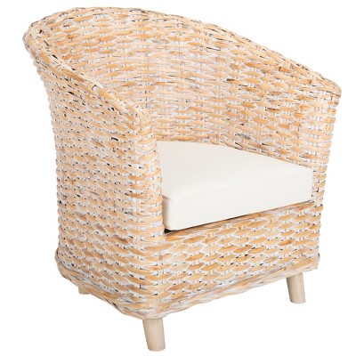 Natural White Wash Rattan Barrel Accent Chair with Cushion