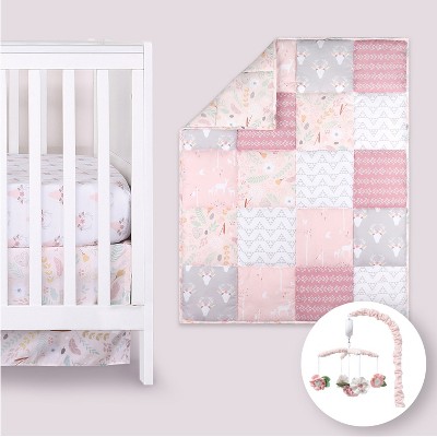 The Peanutshell Meadow Pink Floral Crib Bedding Set, 4pc to 12pc