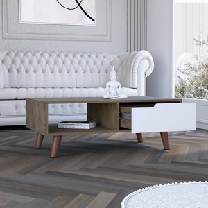 Vynxaria Dark Brown and White Coffee Table with four legs and one drawer - 1 of 4