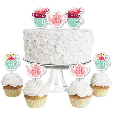 Big Dot of Happiness Floral Let's Par-Tea - Dessert Cupcake Toppers - Garden Tea Party Clear Treat Picks - Set of 24