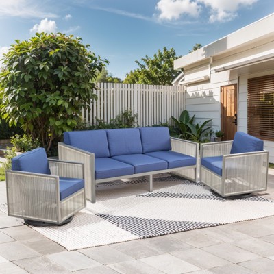 POCASSY 3PCS Patio Furniture Set with Patio Swivel Chairs, All Weather Wicker Rattan Outdoor Conversation Set with Patio Couch Sofa Meatl Swivel Chair