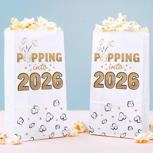 Big Dot of Happiness Hello New Year Popcorn Bags, Black & Gold Popping into 2026 NYE Party Treats, Free-Standing Individual White Paper Bags - 25 Ct - 1 of 4