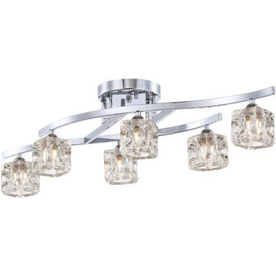 Possini Euro Design Modern Ceiling Light Semi Flush Mount Fixture Chrome 30 1/2" Wide 6-Light Clear Crystal Cube Bedroom Kitchen