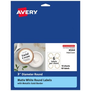 Avery Matte White Labels with Metallic Gold Borders, 3" Round Labels, 60 Total, Laser/Inkjet Printable Labels (6544) - 1 of 4