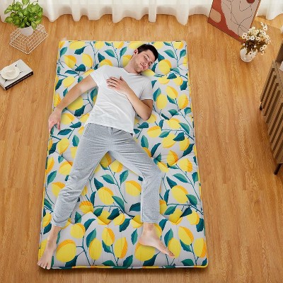 Nasitip Twin Japanese Futon Mattress,Foldable Floor Mattress with Modern Lemon Pattern, 1.5" Thicken Portable Roll Up Tatami Mat,Light Gray
