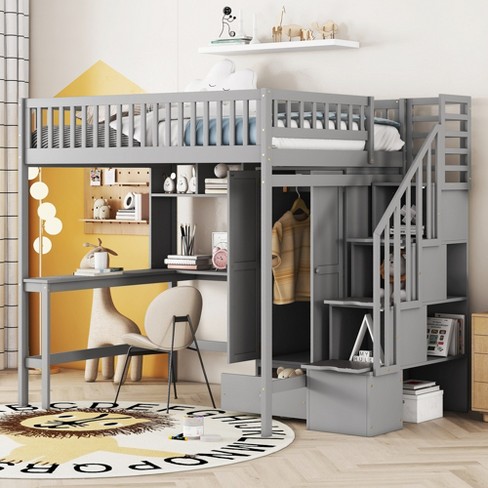 Full Size Loft Bed With Bookshelf, Drawers, Desk And Wardrobe, Gray 4a ...