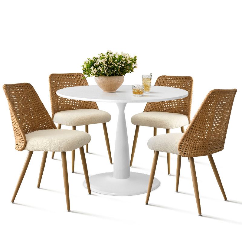Small Round 5 Piece Dining Set,35" Round Pedestal Dining Table with 4 Rattan Boucle Dining Chairs Double Layer Rattan Back with Oak Legs-Maison Boucle, 2 of 8